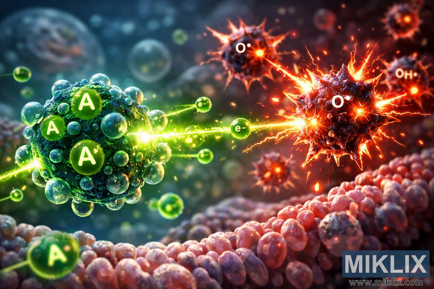 Microscopic illustration showing glowing antioxidant molecules emitting green energy beams toward fiery red free radicals inside a cell. Microscopic illustration showing glowing antioxidant molecules emitting green energy beams toward fiery red free radicals inside a cell.