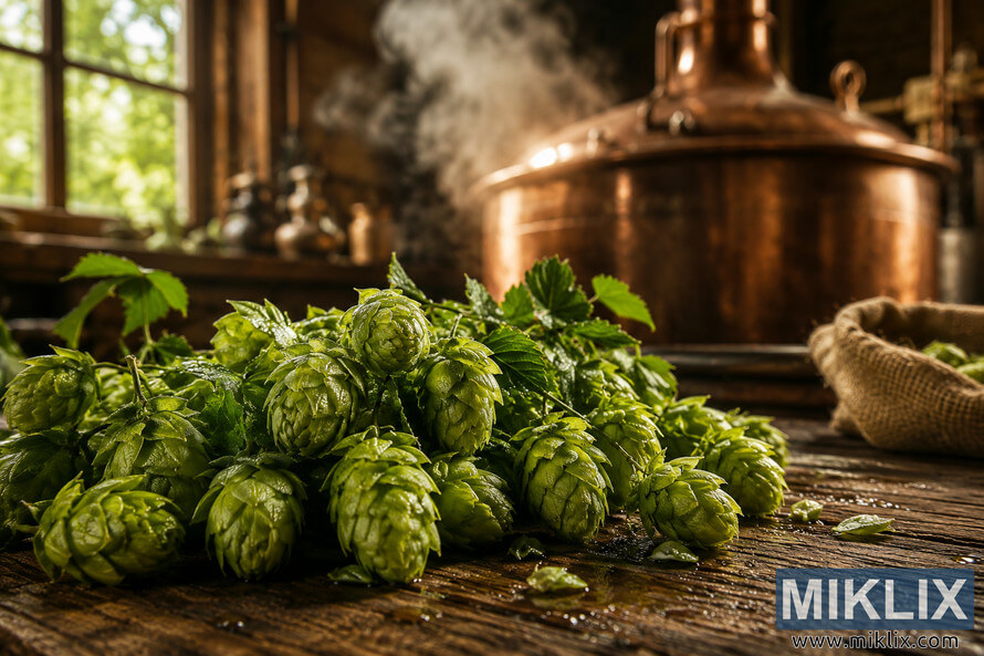 Close-up photograph of freshly harvested Challenger hop cones covered in dew on a rustic wooden brewing table, with a softly blurred steaming brewing kettle in the background illuminated by warm natural window light. Close-up photograph of freshly harvested Challenger hop cones covered in dew on a rustic wooden brewing table, with a softly blurred steaming brewing kettle in the background illuminated by warm natural window light.