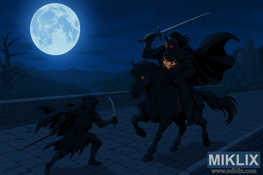 Visão isométrica em estilo anime de Tarnished lutando contra a Cavalaria da Noite na Ponte do Túmulo do Dragão sob a luz do luar. Visão isométrica em estilo anime de Tarnished lutando contra a Cavalaria da Noite na Ponte do Túmulo do Dragão sob a luz do luar.