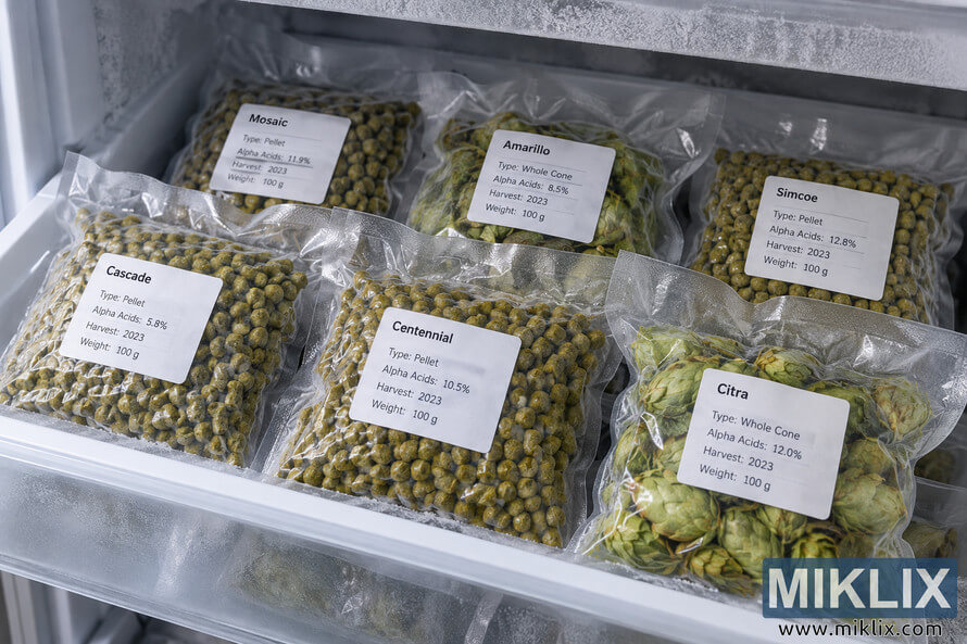 Open freezer drawer containing six vacuum-sealed packages of green hop pellets and whole hop cones, with visible white labels identifying Cascade, Centennial, Citra, Mosaic, Amarillo, and Simcoe hops along with type, alpha-acid percentage, harvest year, and weight.