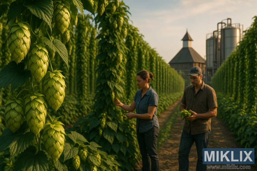 Golden Horizonin humalankÃ¤vyt huojuvat auringonpaisteisella pellolla panimoiden sadonkorjuun ja humalauunin sekÃ¤ panimon nÃ¤kyessÃ¤ taustalla.