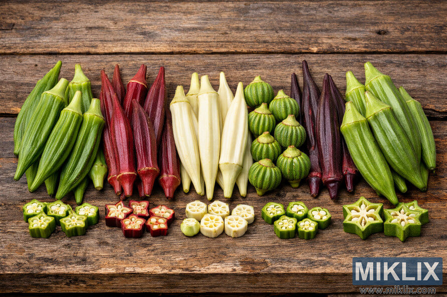 Assortment of different okra varieties arranged on a rustic wooden table, displaying green, red, purple, and pale pods with sliced cross-sections showing star-shaped interiors.