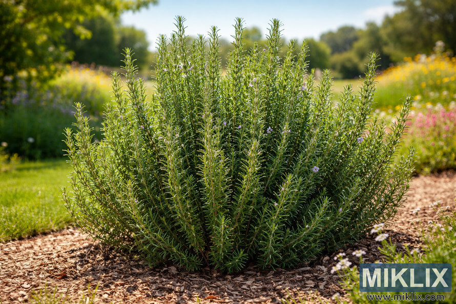 Healthy rosemary plant growing in full sun in a landscaped garden bed with green foliage and small purple flowers.