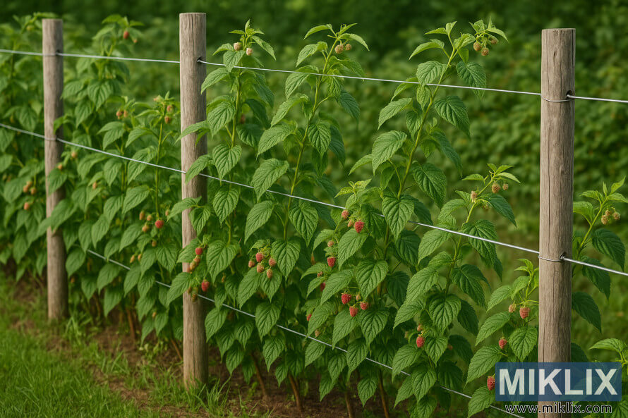 'n Framboos-traliestelsel met houtpale en drade wat groen framboosriete met rypwordende rooi bessies in 'n plaasland ondersteun.