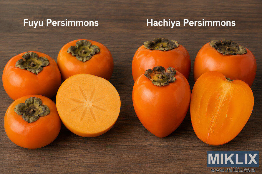 Landscape-oriented comparison image showing Fuyu and Hachiya persimmons side by side on a dark wooden table. The left side displays round, flat-bottomed Fuyu persimmons with one sliced open to reveal a pale orange interior and star-shaped core pattern. The right side shows taller, acorn-shaped Hachiya persimmons with one cut open to reveal a glossy, deep orange flesh. White text labels identify each persimmon variety.