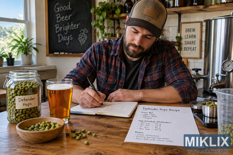 Homebrewer in a cozy workshop writing recipe notes at a wooden table with green hops, an amber beer, brewing equipment, and a Defender hops recipe sheet. Homebrewer in a cozy workshop writing recipe notes at a wooden table with green hops, an amber beer, brewing equipment, and a Defender hops recipe sheet.