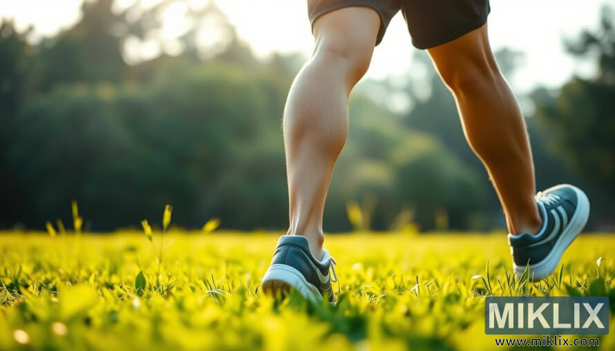 NÃ¦rbillede af en persons ben, der gÃ¥r med stÃ¦rke skridt gennem en solbeskinnet grÃ¸n mark.