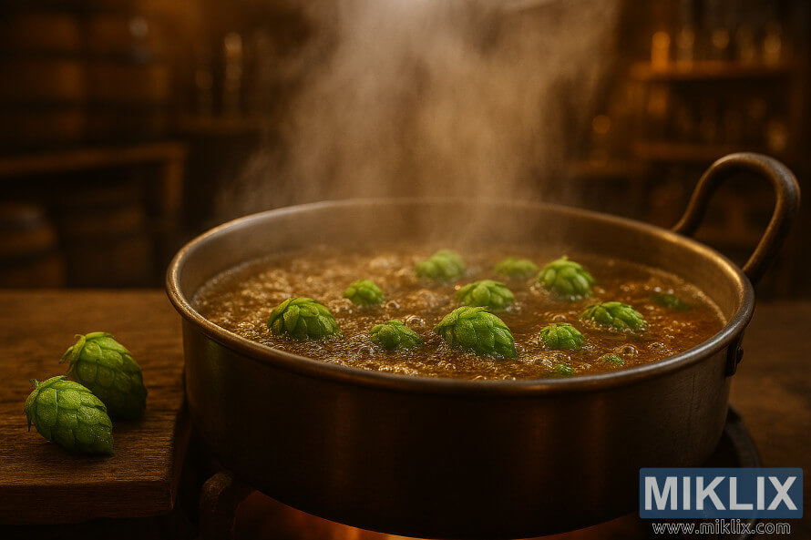 Vrela pivina v kotlu za pivo s sveÅ¾im hmeljem Warrior in toplim pivovarskim ozadjem