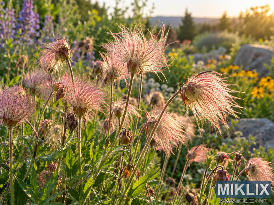 Backlit pink and silvery prairie smoke seed heads glowing in warm summer sunlight among green foliage, purple flowers, yellow blooms, and garden rocks. Backlit pink and silvery prairie smoke seed heads glowing in warm summer sunlight among green foliage, purple flowers, yellow blooms, and garden rocks.