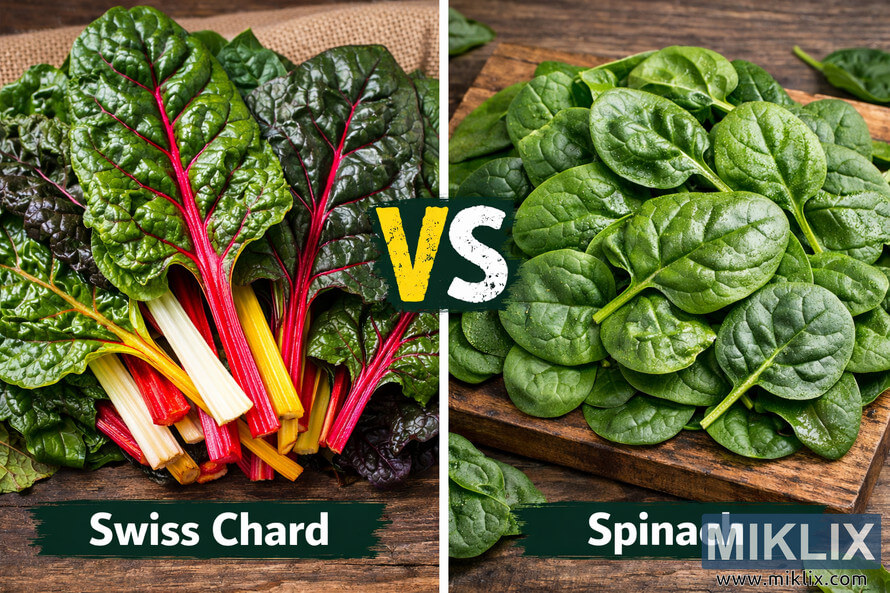 Side-by-side image showing Swiss chard leaves on the left with colorful stems and spinach leaves on the right with smooth, dark green surfaces, separated by a bold 'VS' in the center.