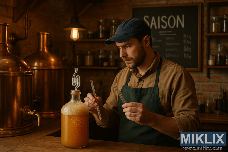 NgÆ°á»i náº¥u bia kiá»m tra quÃ¡ trÃ¬nh lÃªn men cá»§a Saison trong má»t nhÃ  mÃ¡y náº¥u bia áº¥m cÃºng vá»i nhá»¯ng chiáº¿c ná»i báº±ng Äá»ng.