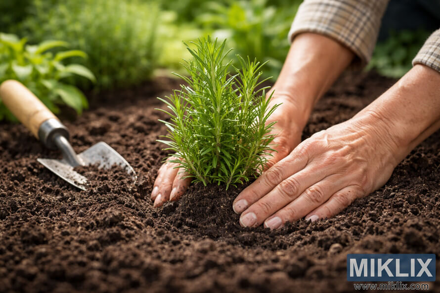 Close-up of hands planting a rosemary herb in dark garden soil with a small trowel nearby