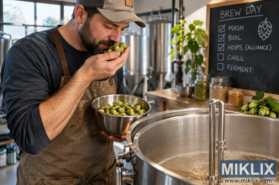 Homebrewer smelling fresh green hop cones beside a stainless-steel brewing kettle while holding a bowl of hops in a bright, well-equipped home brewery. Homebrewer smelling fresh green hop cones beside a stainless-steel brewing kettle while holding a bowl of hops in a bright, well-equipped home brewery.