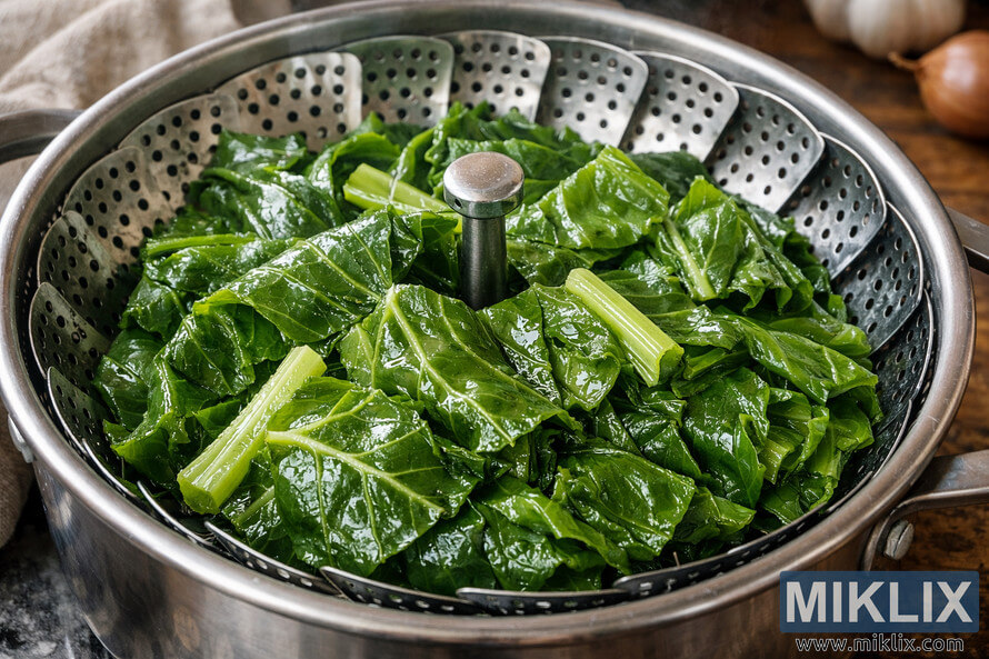 Steamed collard greens in a stainless steel steamer basket, glistening with moisture and surrounded by a warm kitchen background.