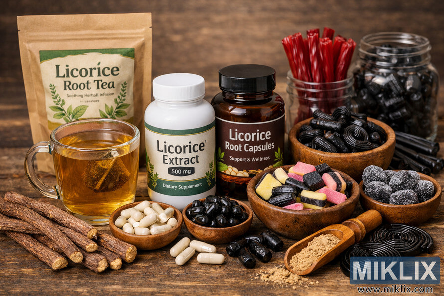 A detailed photograph showing various licorice products including tea, supplements, and candy arranged on a wooden surface.