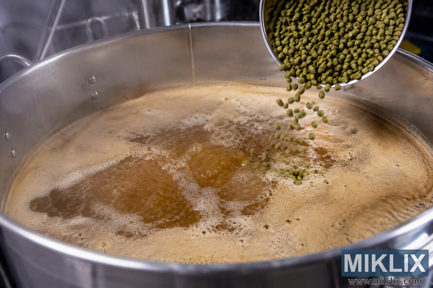 Large stainless steel brewing kettle during the wort boil as green pellet hops are being poured into the vessel. Foamy hot break and turbulent amber liquid are visible on the surface, with steam and brewery equipment in the background.