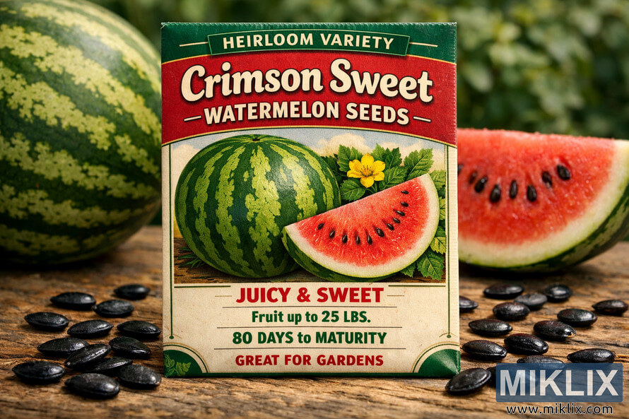 Seed packet labeled Crimson Sweet Watermelon Seeds with variety details, surrounded by watermelon seeds and fresh watermelon slices on a rustic wooden surface. Seed packet labeled Crimson Sweet Watermelon Seeds with variety details, surrounded by watermelon seeds and fresh watermelon slices on a rustic wooden surface.