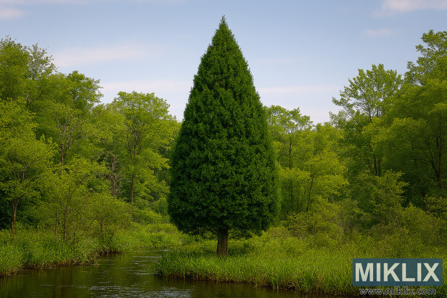 Arbre Arborvitae amÃ©ricain mature avec un feuillage dense et vert dans une forÃªt humide entourÃ©e de vÃ©gÃ©tation indigÃ¨ne et dâun ruisseau sinueux