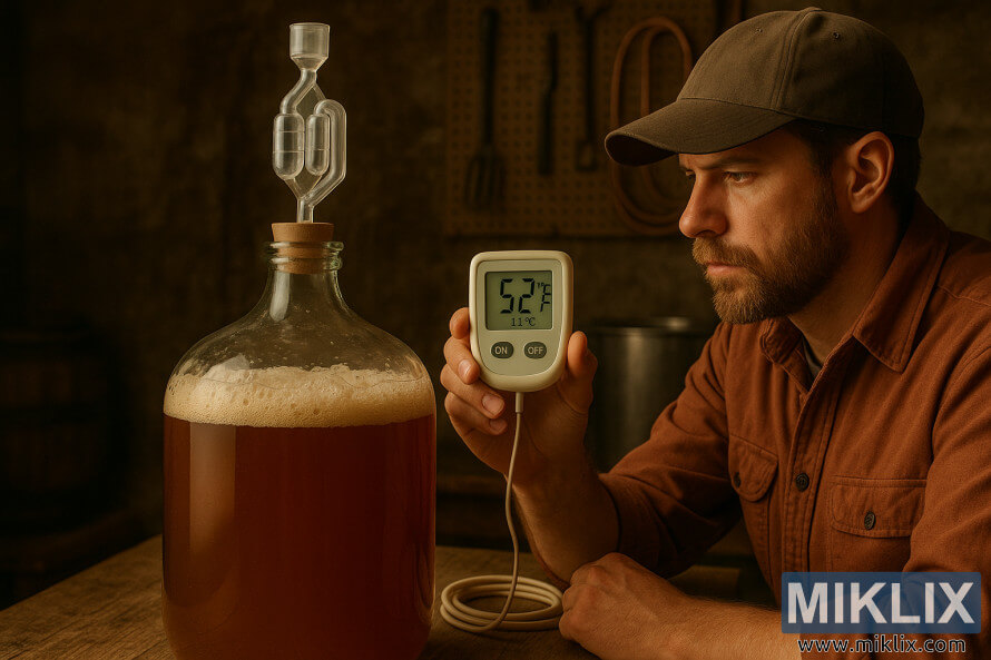 NamÅ³ aludaris kaimiÅ¡kose dirbtuvÄse stebi bavariÅ¡ko lagerio fermentacijÄ su buteliu ir termometru.