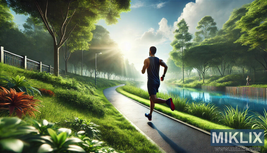 Corredor correndo em uma trilha ensolarada do parque, cercada por árvores verdejantes e um lago sereno. Corredor correndo em uma trilha ensolarada do parque, cercada por árvores verdejantes e um lago sereno.