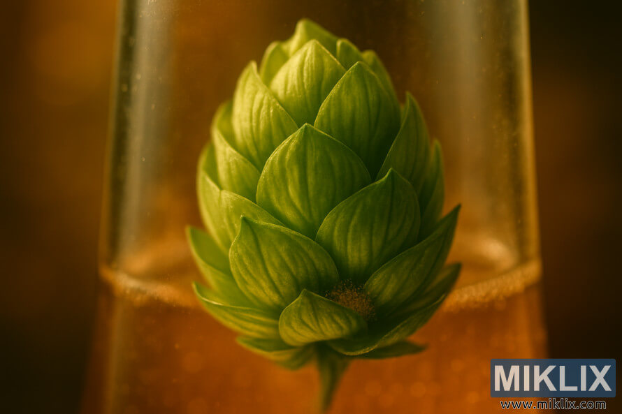 Primo piano di un cono di luppolo che brilla sotto una luce dorata, rivelando ghiandole resinose e intricati strati verdi su uno sfondo morbido.