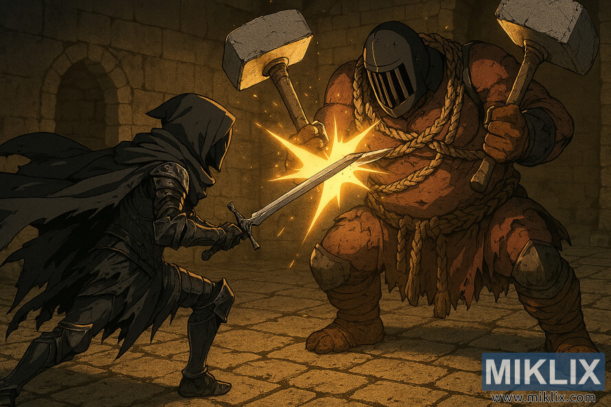 Anime-style battle scene of Tarnished facing Grave Warden Duelist with dual hammers in Elden Ring