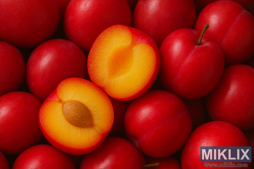 Tampilan dekat buah plum Superior matang dengan kulit merah mengilap dan bagian daging buah berwarna kuning keemasan.