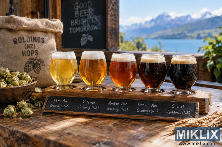 Landscape photo of five unbranded tasting glasses ranging from pale golden beer to dark stout in a rustic wooden flight, accompanied by Goldings (NZ) hops, grain, a burlap hop sack, and a scenic blue lake and mountain backdrop.