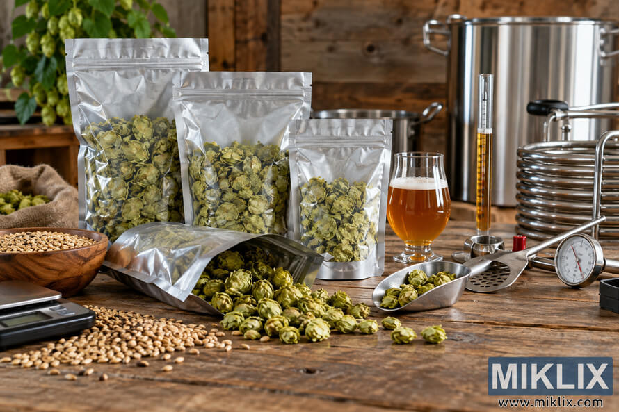 Landscape photo of unbranded silver hop storage bags, loose green hop cones, brewing grain, a scale, metal tools, amber beer, measuring equipment, stainless-steel kettles, and an immersion chiller arranged on a rustic wooden workbench. Landscape photo of unbranded silver hop storage bags, loose green hop cones, brewing grain, a scale, metal tools, amber beer, measuring equipment, stainless-steel kettles, and an immersion chiller arranged on a rustic wooden workbench.