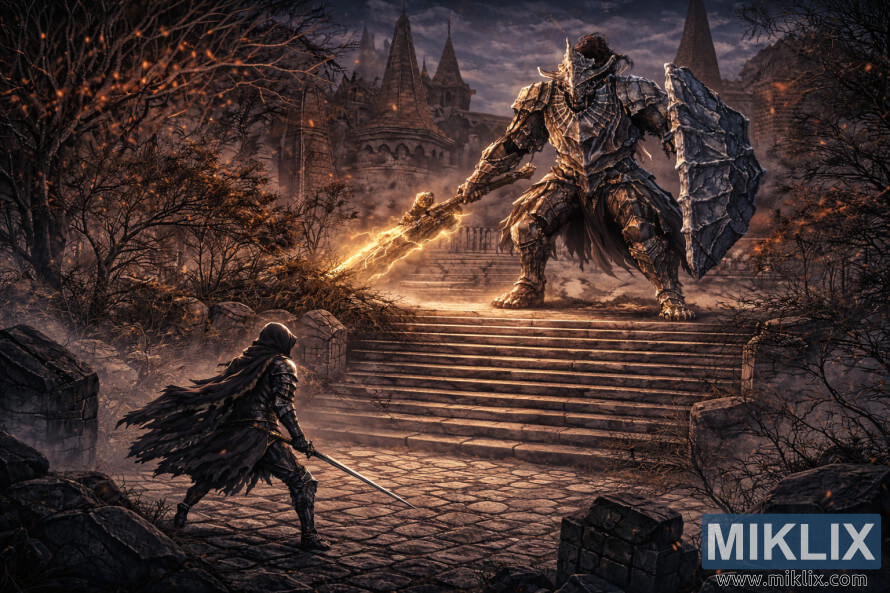 Anime-tyylinen isometrinen synkkÃ¤ fantasiakohtaus viittaan pukeutuneesta soturista raunioituneella pihalla ja vastapÃ¤Ã¤tÃ¤ jÃ¤ttimÃ¤istÃ¤, salamoilla heiluttavaa panssaroitua ritaria kiviportailla.