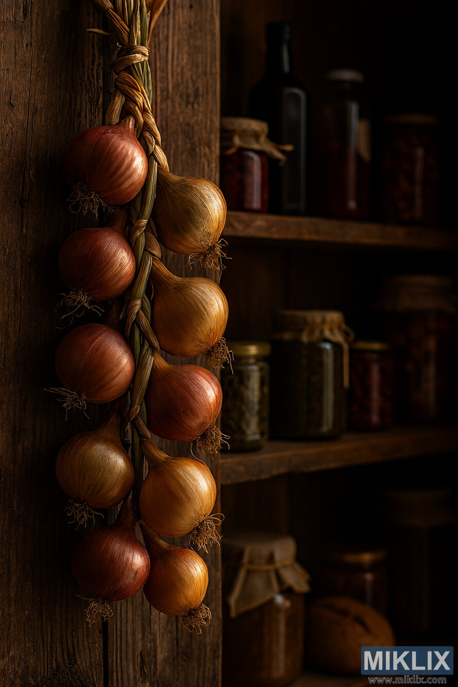 Braided onions hanging in a rustic pantry with wooden shelves and glass jars