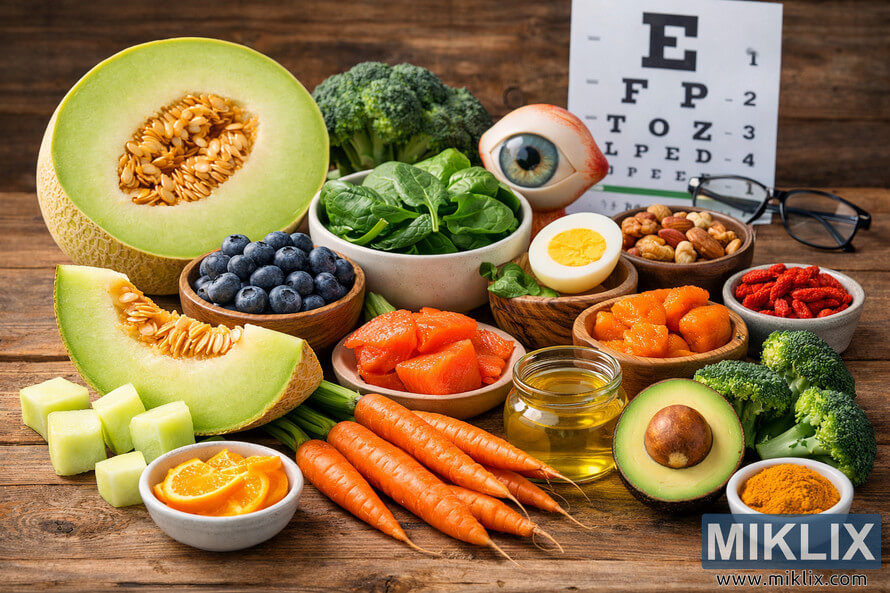 A landscape photo of honeydew melon, carrots, spinach, blueberries, nuts, and other foods for eye health arranged on a rustic wooden table with an eye chart in the background. A landscape photo of honeydew melon, carrots, spinach, blueberries, nuts, and other foods for eye health arranged on a rustic wooden table with an eye chart in the background.