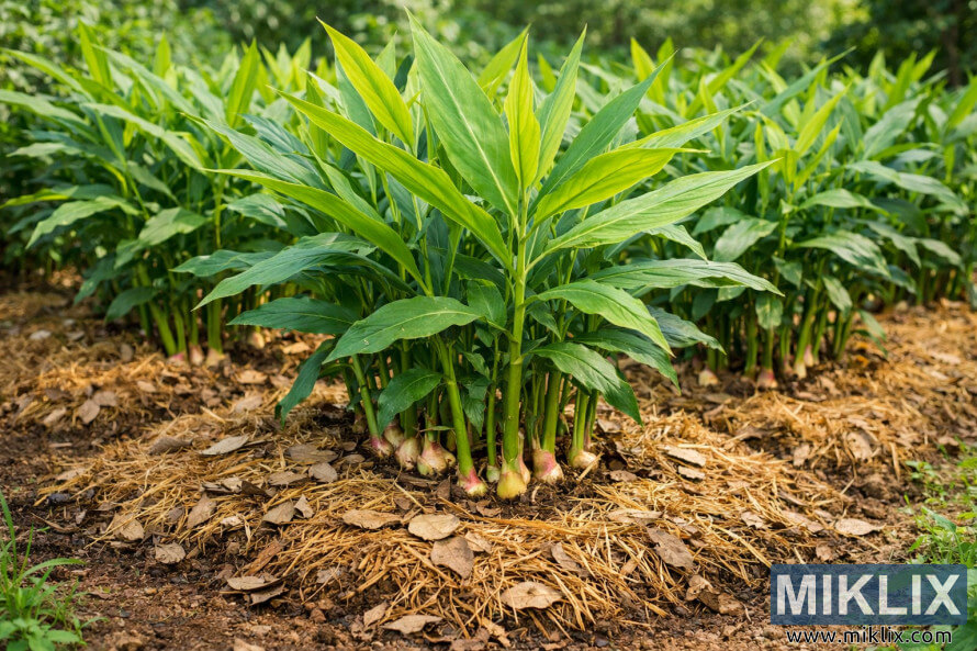 Een gezonde gemberplant groeit in met mulch bedekte grond, met weelderig groene bladeren en een goede organische mulchlaag ter voorkoming van plagen en ziekten. Een gezonde gemberplant groeit in met mulch bedekte grond, met weelderig groene bladeren en een goede organische mulchlaag ter voorkoming van plagen en ziekten.