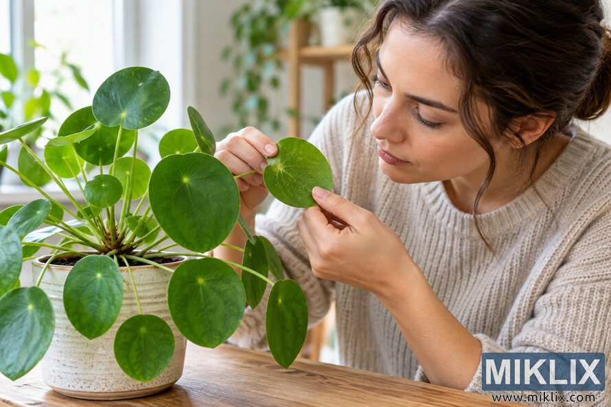Woman closely inspecting a speckled round leaf on a potted Chinese money plant for pests indoors. Woman closely inspecting a speckled round leaf on a potted Chinese money plant for pests indoors.