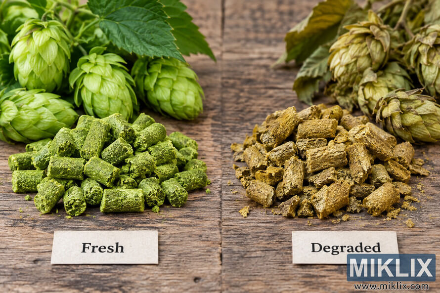 Side-by-side photograph comparing vibrant green fresh hop pellets and hop cones with dull olive-brown degraded pellets and faded hop cones on a wooden surface. Side-by-side photograph comparing vibrant green fresh hop pellets and hop cones with dull olive-brown degraded pellets and faded hop cones on a wooden surface.