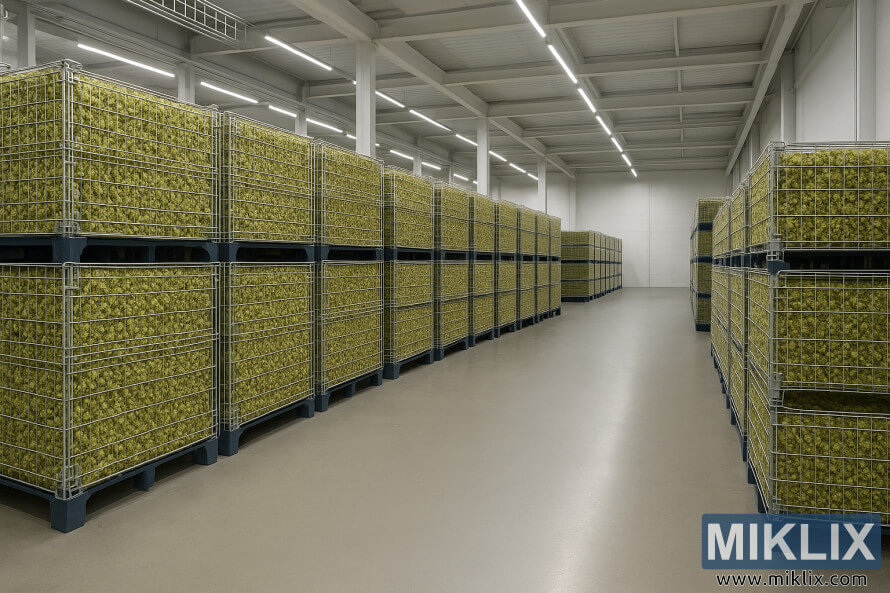 A spacious, modern hop storage facility with stacked wire mesh containers filled with dried hops.