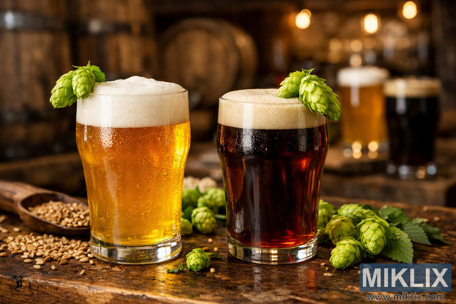 Close-up of a golden pale ale and a dark brown ale topped with frothy foam and fresh Wai-iti hop cones, set on a rustic wooden table with malt grains in a warm brewery atmosphere.
