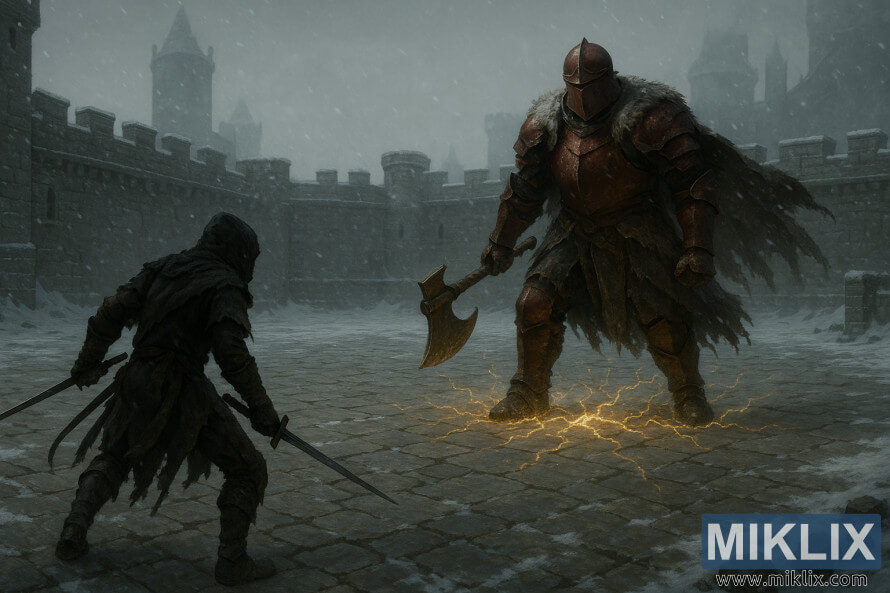 Um guerreiro encapuzado empunhando duas katanas enfrenta o Comandante Niall em armadura vermelha com um machado num pÃ¡tio nevado do Castelo Sol.