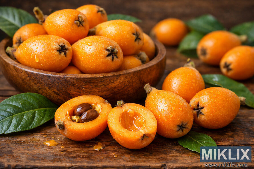 High-resolution landscape photo of ripe orange loquats on a rustic wooden surface with green leaves and halved fruits showing juicy flesh and seeds. High-resolution landscape photo of ripe orange loquats on a rustic wooden surface with green leaves and halved fruits showing juicy flesh and seeds.