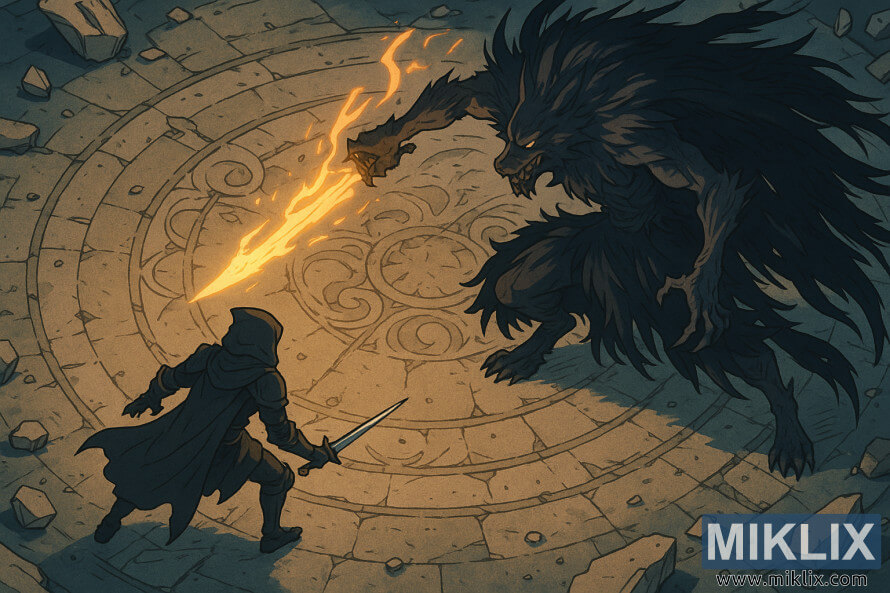 Vue aérienne façon anime dâun joueur en armure Black Knife qui tourne autour de Maliketh, la Lame Noire, sur une arène de pierre brisée à Effondrement Farum Azula. Vue aérienne façon anime dâun joueur en armure Black Knife qui tourne autour de Maliketh, la Lame Noire, sur une arène de pierre brisée à Effondrement Farum Azula.