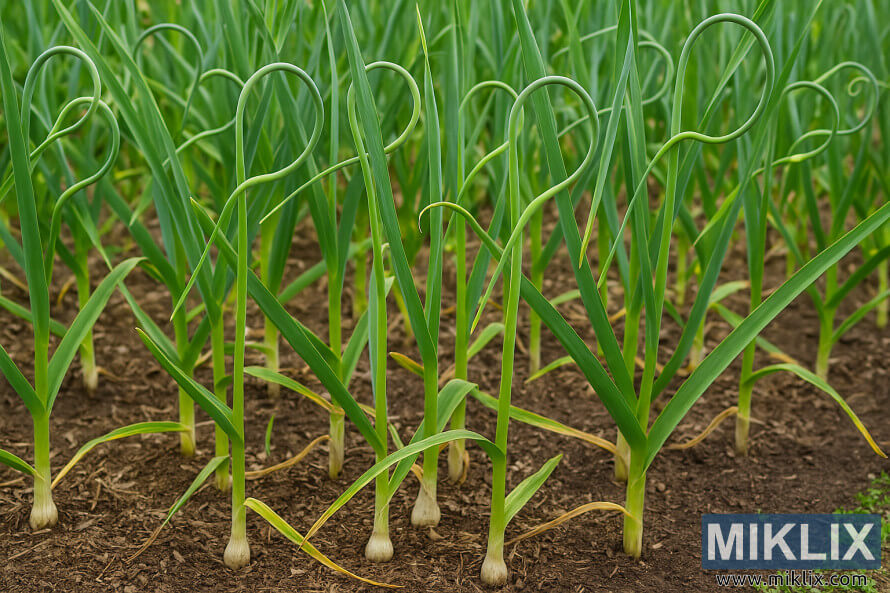 Des plantes dâail en santÃ© avec des feuilles enroulÃ©es poussant en rangÃ©es nettes dans un jardin.