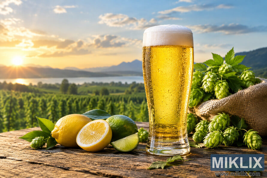 Cold pale golden lager with a white foam head on a rustic wooden table, surrounded by fresh green hops, lemon and lime, overlooking sunlit fields, water and distant mountains at golden hour.