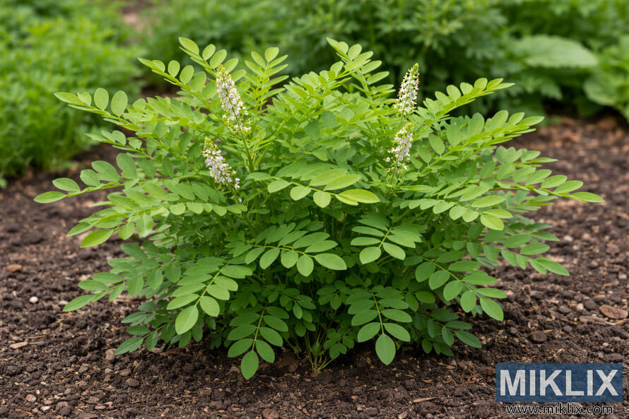 Healthy licorice plant with green compound leaves growing in rich garden soil with soft garden background Healthy licorice plant with green compound leaves growing in rich garden soil with soft garden background