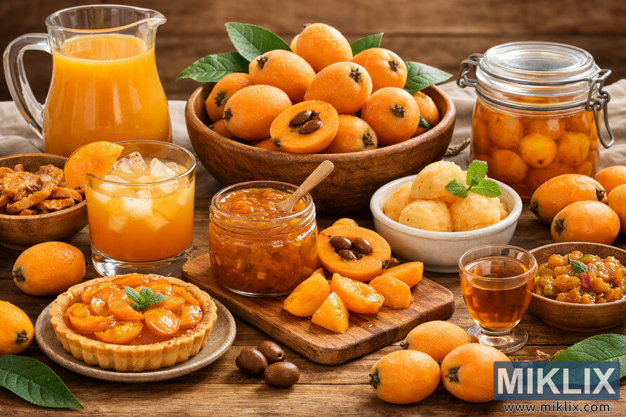 A rustic wooden table displaying various loquat preparations including fresh loquats, juice, jam, sorbet, tart, chutney, and preserved loquats in jars. A rustic wooden table displaying various loquat preparations including fresh loquats, juice, jam, sorbet, tart, chutney, and preserved loquats in jars.