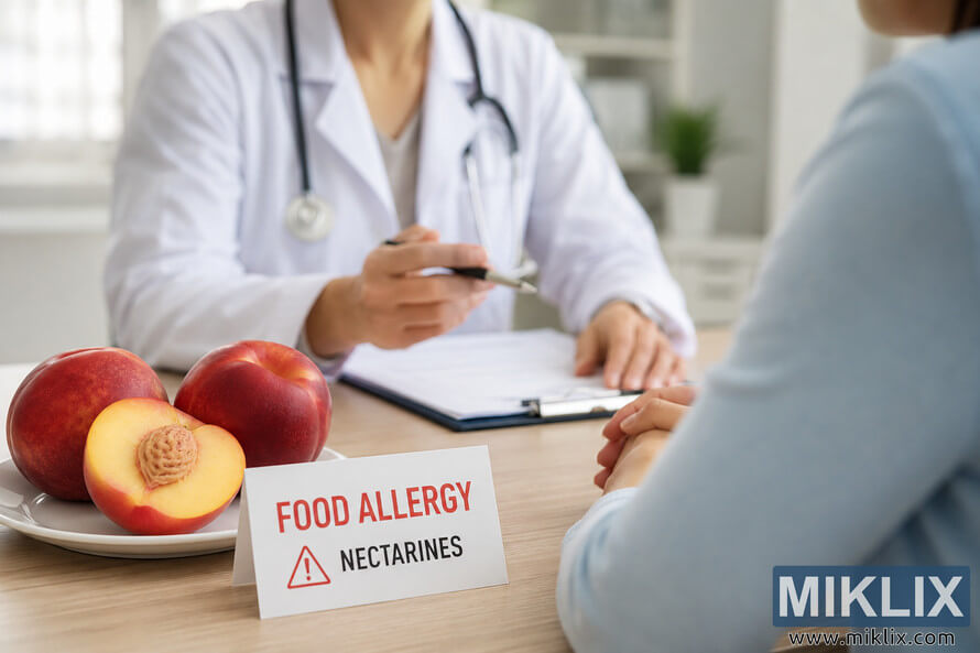 A healthcare professional consulting with a patient at a clinic table featuring fresh nectarines and a visible food allergy warning sign, illustrating concerns about nectarine allergies and dietary safety. A healthcare professional consulting with a patient at a clinic table featuring fresh nectarines and a visible food allergy warning sign, illustrating concerns about nectarine allergies and dietary safety.