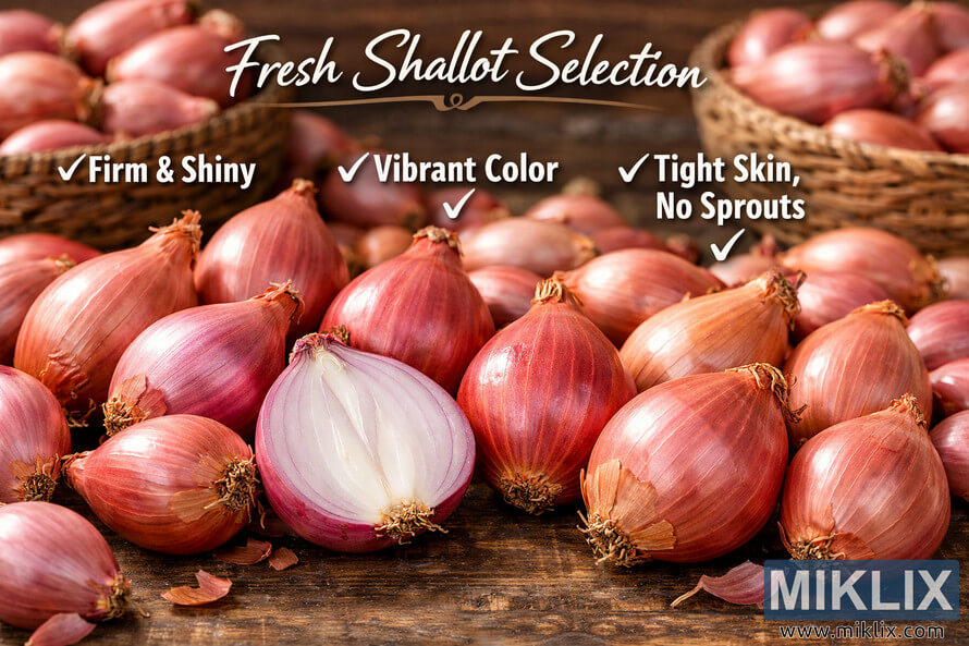 A close-up landscape photograph of fresh shallots arranged on a rustic wooden surface with text overlays highlighting selection criteria: Firm & Shiny, Vibrant Color, and Tight Skin, No Sprouts.