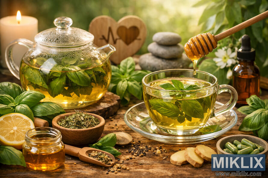 Glass teapot and cup of basil tea surrounded by fresh basil leaves, honey, lemon, ginger, and wellness items on a rustic wooden surface.