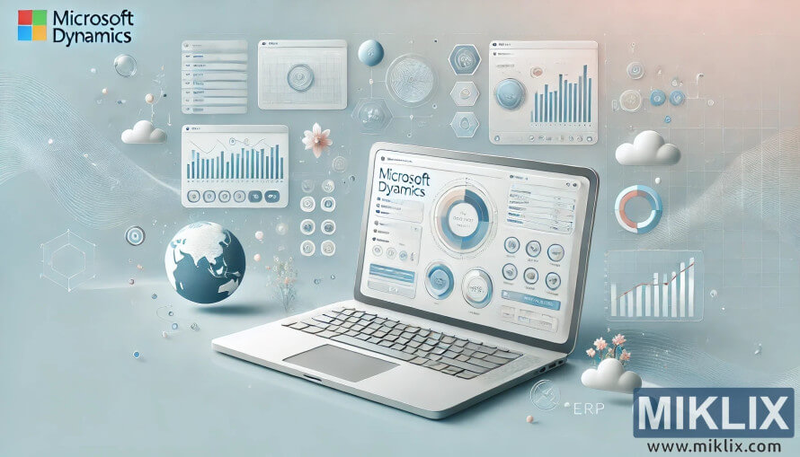 Laptop with Microsoft Dynamics dashboards and floating data charts in a futuristic style. Laptop with Microsoft Dynamics dashboards and floating data charts in a futuristic style.