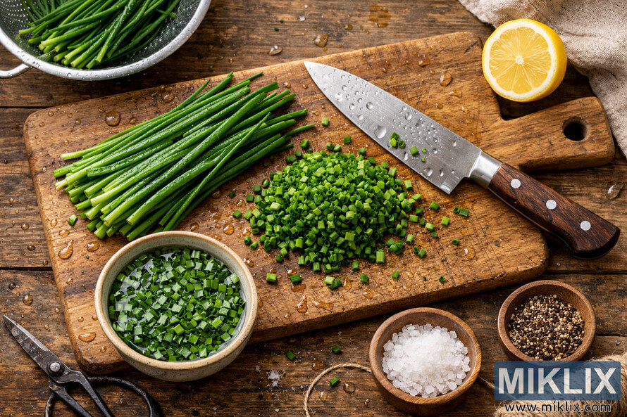 A detailed photograph showing fresh chives being washed and chopped on a rustic wooden cutting board surrounded by kitchen utensils and ingredients. A detailed photograph showing fresh chives being washed and chopped on a rustic wooden cutting board surrounded by kitchen utensils and ingredients.
