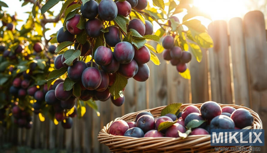 Zrele slive na sonÄnih vejah s koÅ¡aro sveÅ¾e nabranih sliv v ospredju in rustikalno ograjo v ozadju.